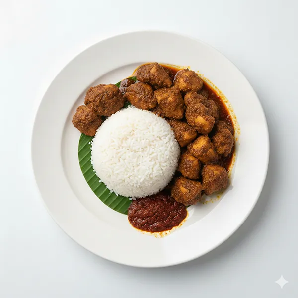 Malaysian chicken rendang curry with nasi lemak rice